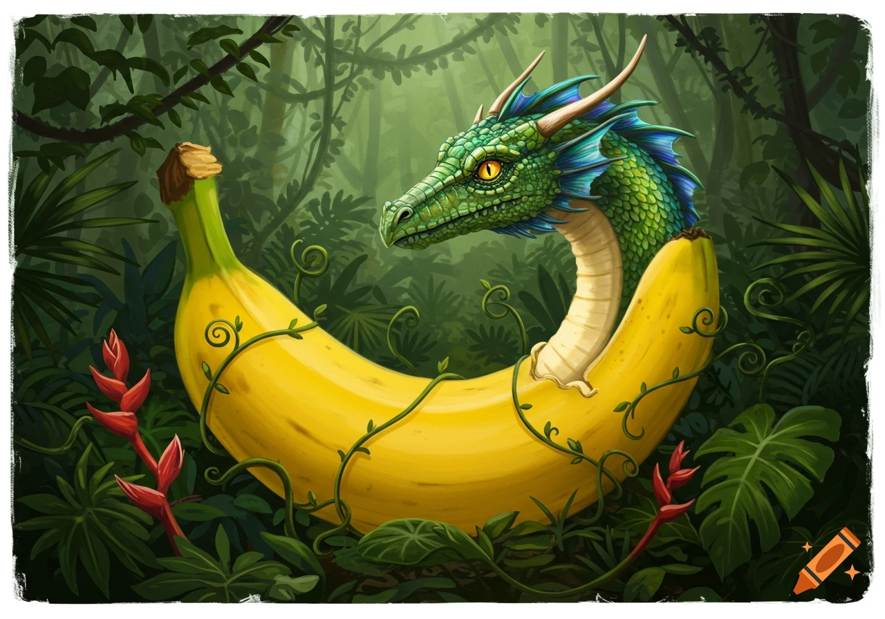 A green dragon head with yellow eyes emerges from a large yellow banana in a lush jungle, digital painting.
