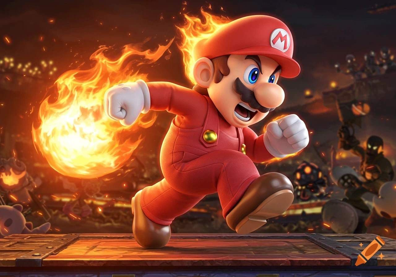 Super Mario, engulfed in fire, runs intensely across a fiery arena, punching with a fireball in a detailed, dynamic art style.
