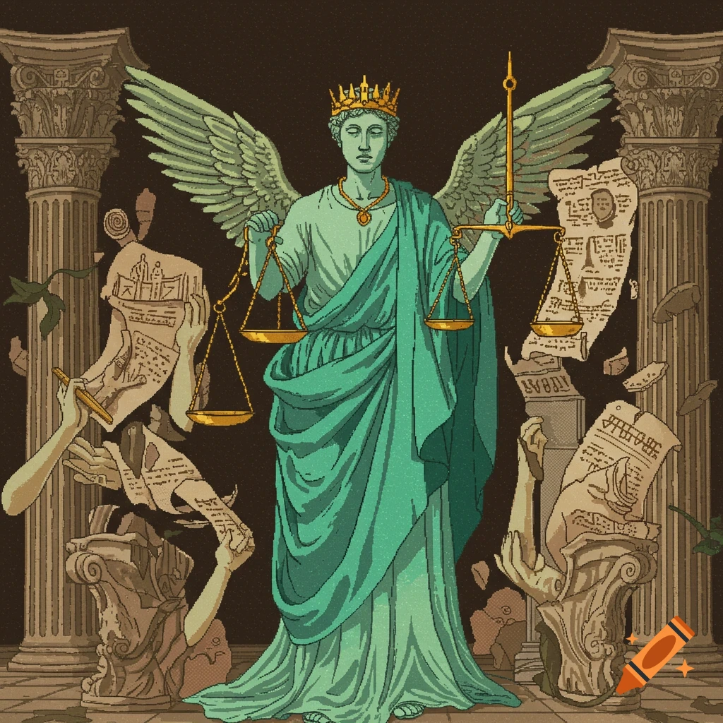 Pixel art of a winged, crowned Lady Justice statue holding scales amidst broken columns and floating, fragmented scrolls in a surreal scene.