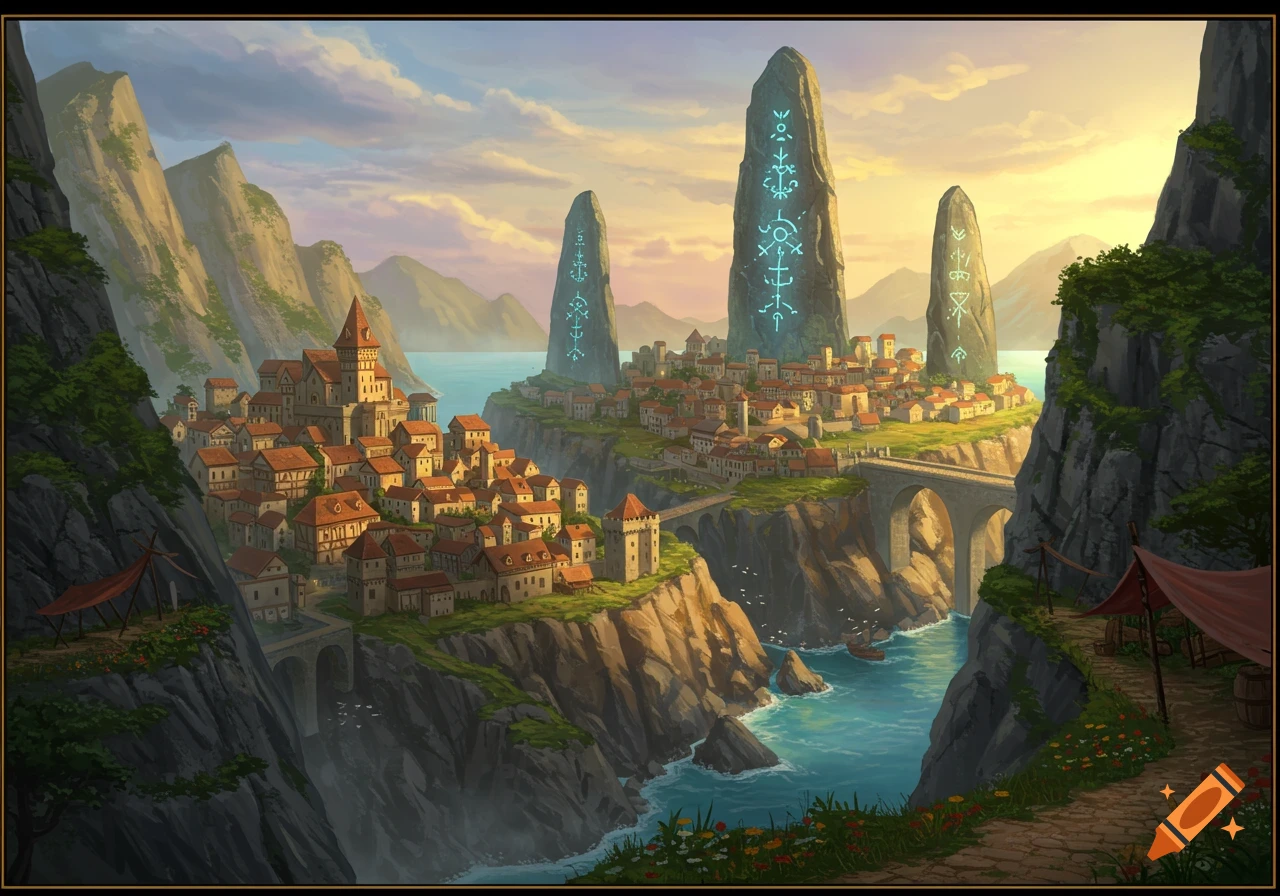A vibrant fantasy medieval city built on sea cliffs, featuring three massive magical runic stones under a colorful sky.