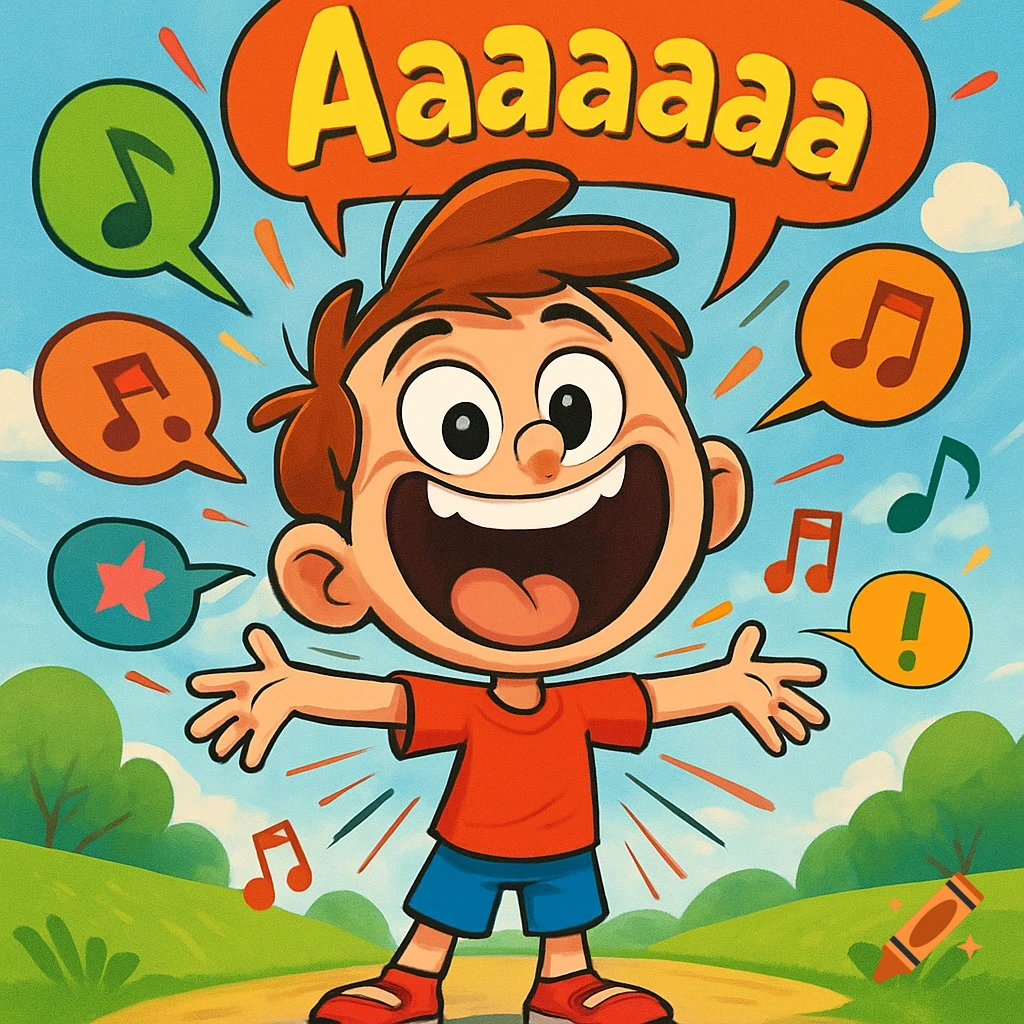 A cheerful cartoon boy yells 'Aaaaaaa' in a speech bubble, surrounded by musical notes in a vibrant outdoor scene.