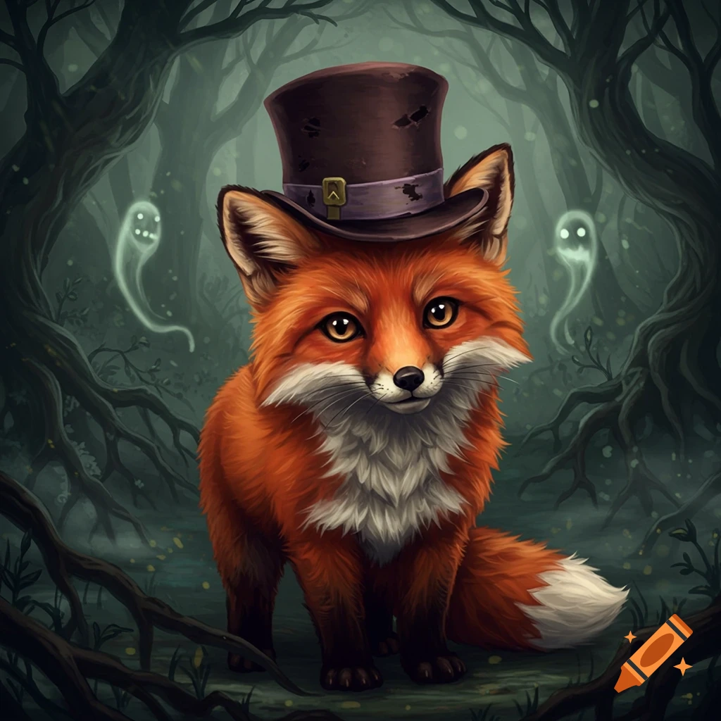 Cute red fox wearing a top hat, sitting in a dark, spooky forest with two floating ghosts.