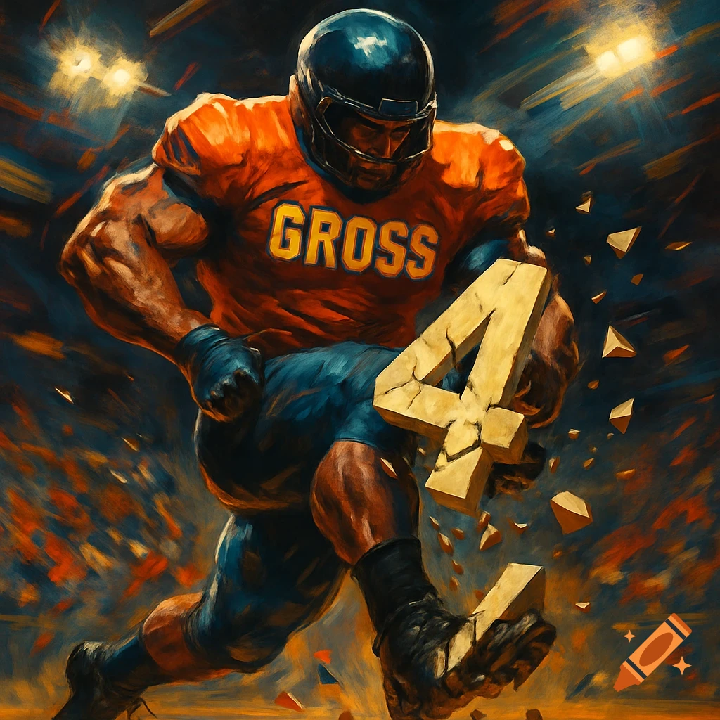 Muscular football player in orange and blue uniform with 'GROSS' on shirt breaking a large gold number 4, in a dramatic painterly style.