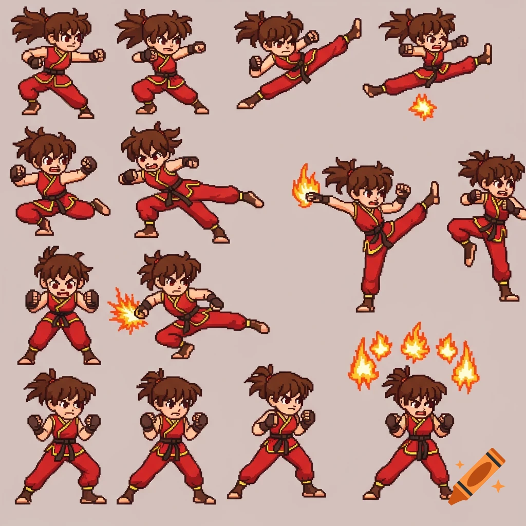 A sprite map of a girl fighter in pixel art style, displaying various martial arts poses and fire elemental attacks.