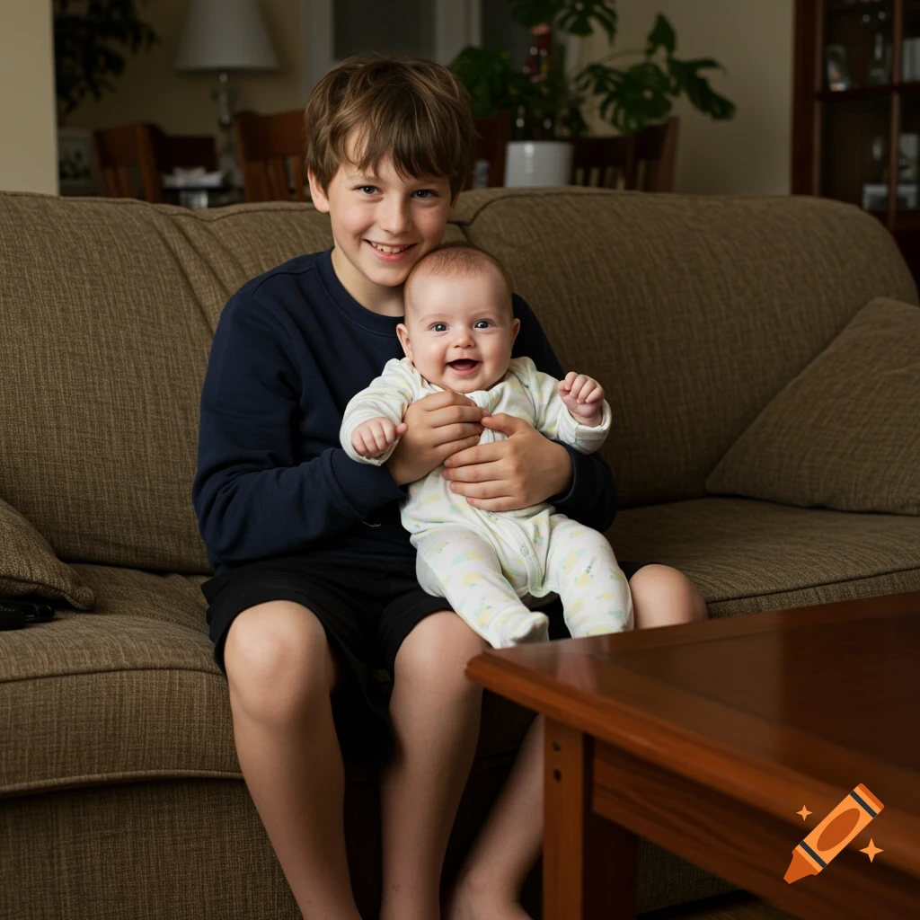 A smiling boy in a sweatshirt and shorts holds a happy baby in a onesie on a couch in a living room.