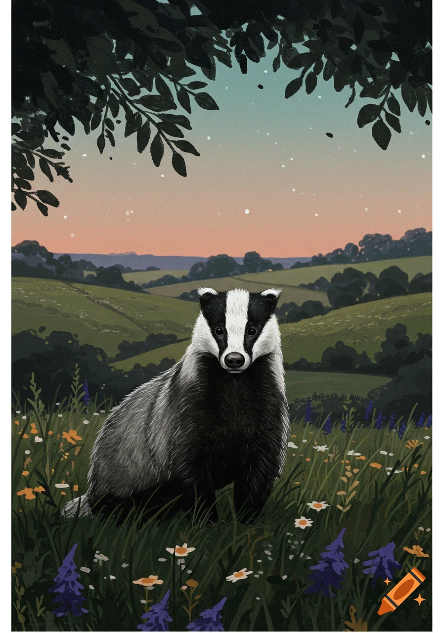 An illustration of a badger standing in a field of wildflowers at dusk.