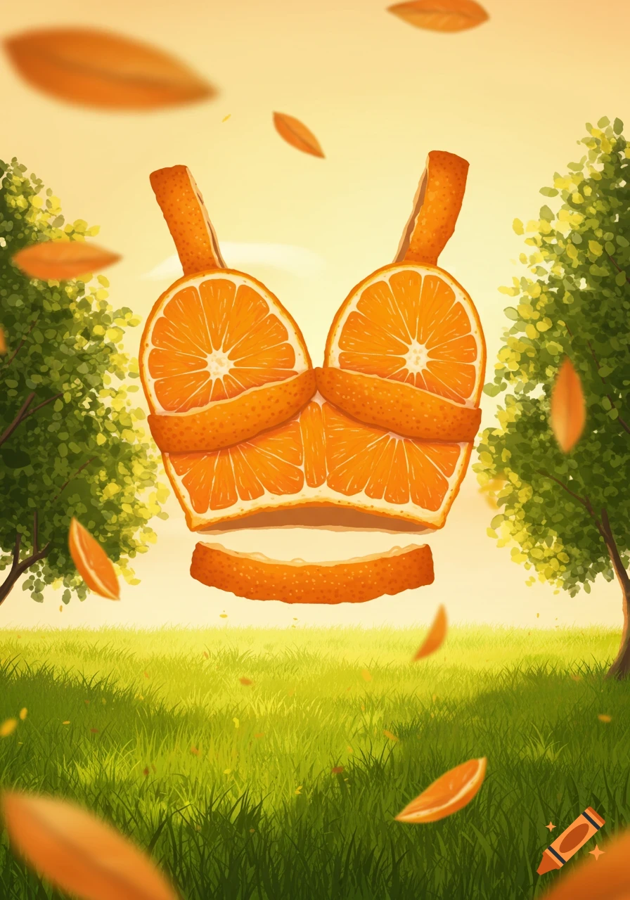 A crop top made from orange slices and peel floats in a sunny, grassy field with trees and falling orange leaves. Illustration.
