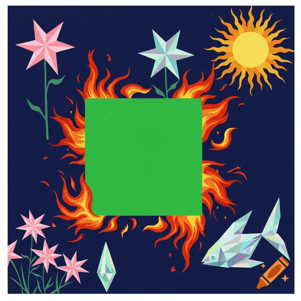Abstract art with a central green square surrounded by stylized flames, star-shaped flowers, a sun, and a geometric fish.
