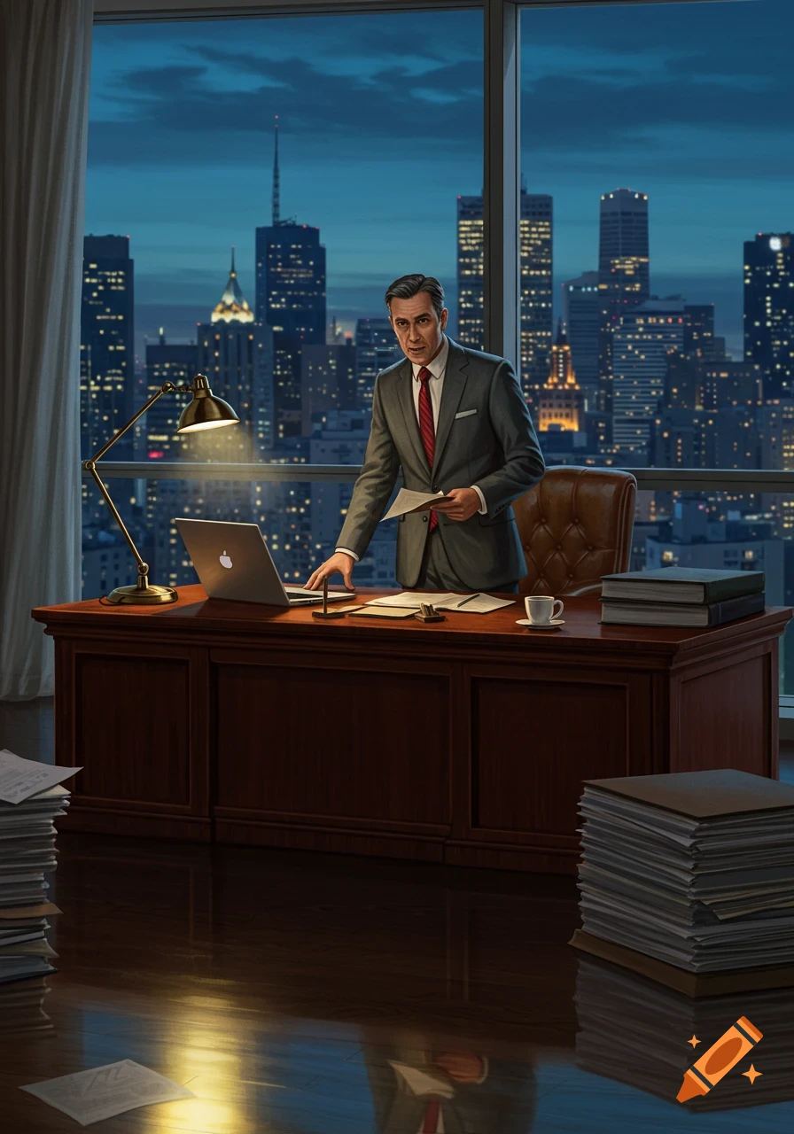 A man in a suit stands at a desk in an office with a laptop and papers, overlooking a city skyline at night.