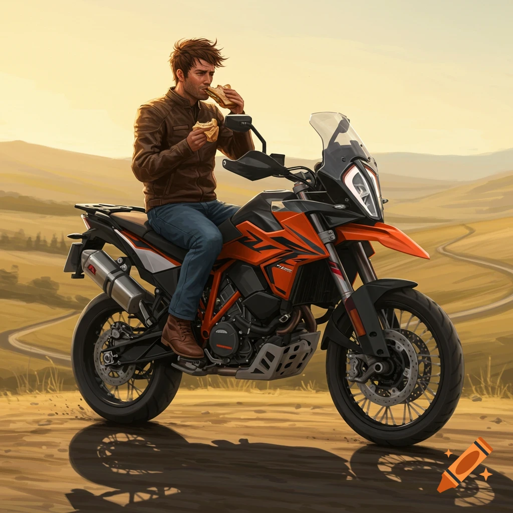 An illustrated man with windswept hair sits on an orange and black KTM adventure motorcycle, eating a sandwich in a golden, sunlit landscape with winding roads.