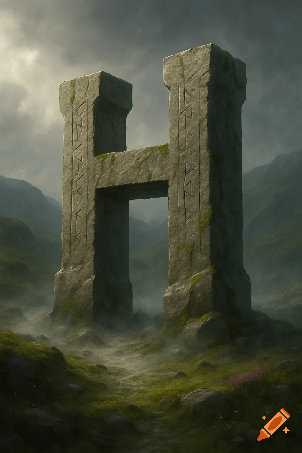 A massive, ancient stone monolith shaped like the letter H stands in a misty, green, mountainous landscape with faint rune-like carvings.