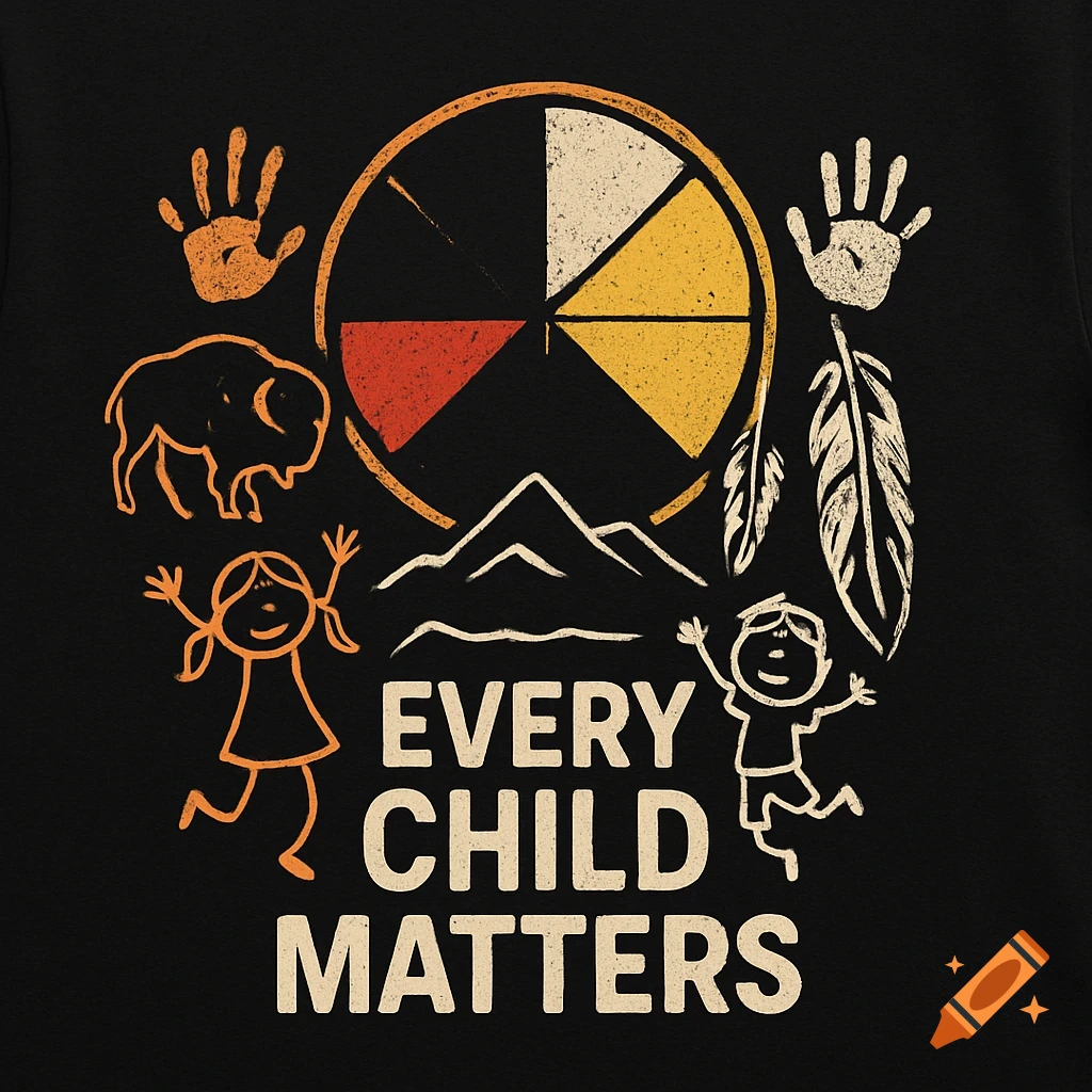 Stylized T-shirt design with a medicine wheel, bison, feathers, children, handprints, and 'EVERY CHILD MATTERS' text.
