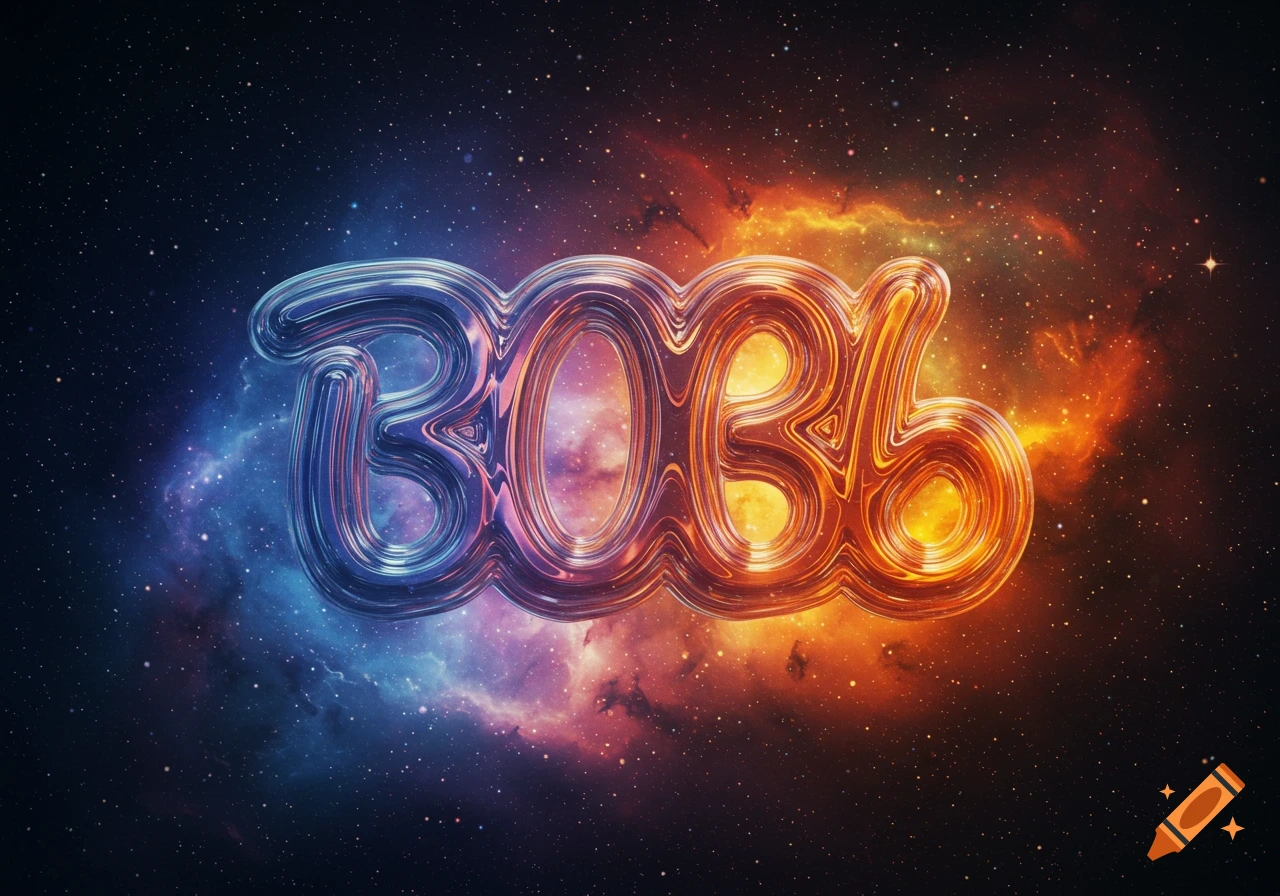 Stylized shiny metallic text 'BOB' against a vibrant blue and orange cosmic nebula background with stars.