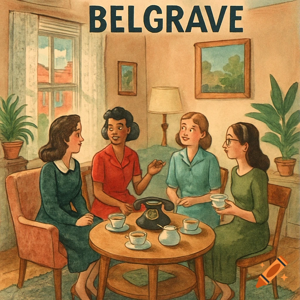 Vintage illustration of four women in a living room having a conversation around a coffee table with teacups and a rotary phone.