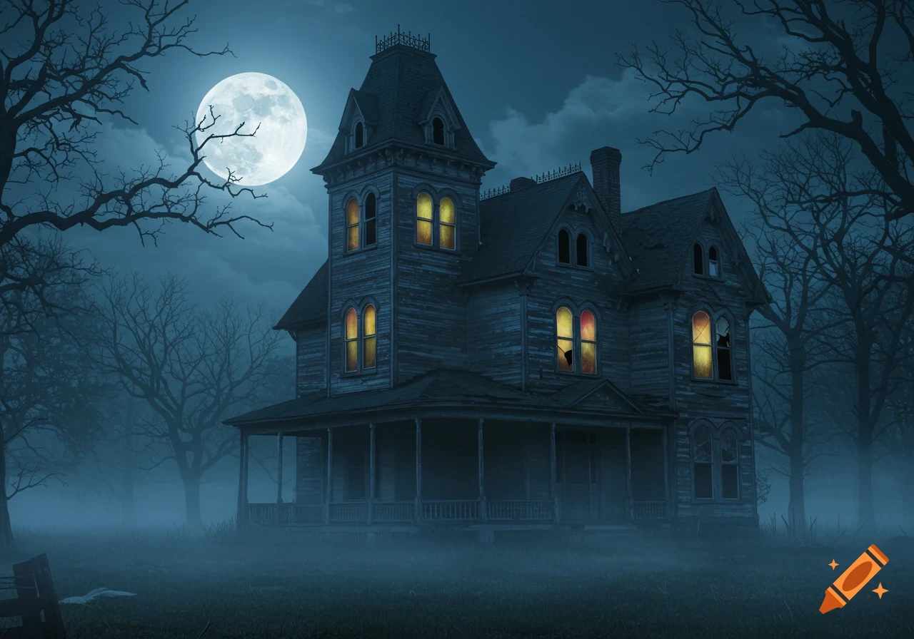 A spooky, decrepit old house stands under a full moon at night, surrounded by bare trees and heavy fog.