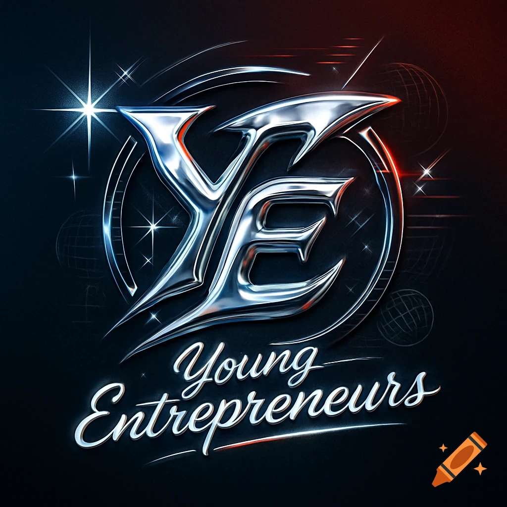 Shiny chrome Y2K logo with stylized 'YE' and cursive 'Young Entrepreneurs' on a dark, sparkling background with wireframe spheres.