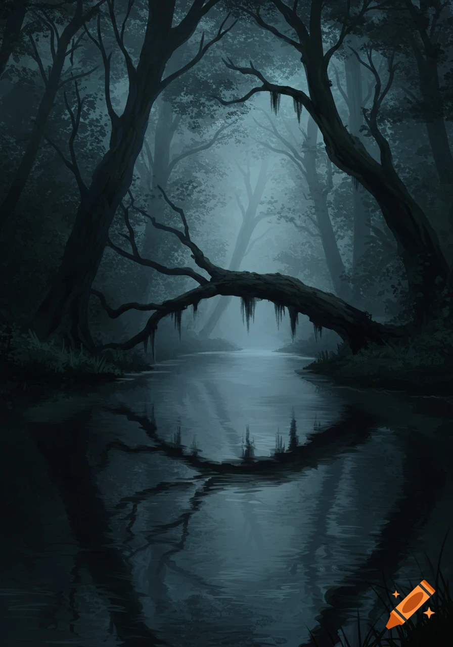 Dark, atmospheric illustration of a misty forest with a still river reflecting ancient trees and a low-hanging mossy branch.