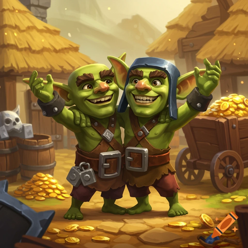 Two friendly, cartoon-style green goblins embracing amidst piles of gold coins in a rustic village.