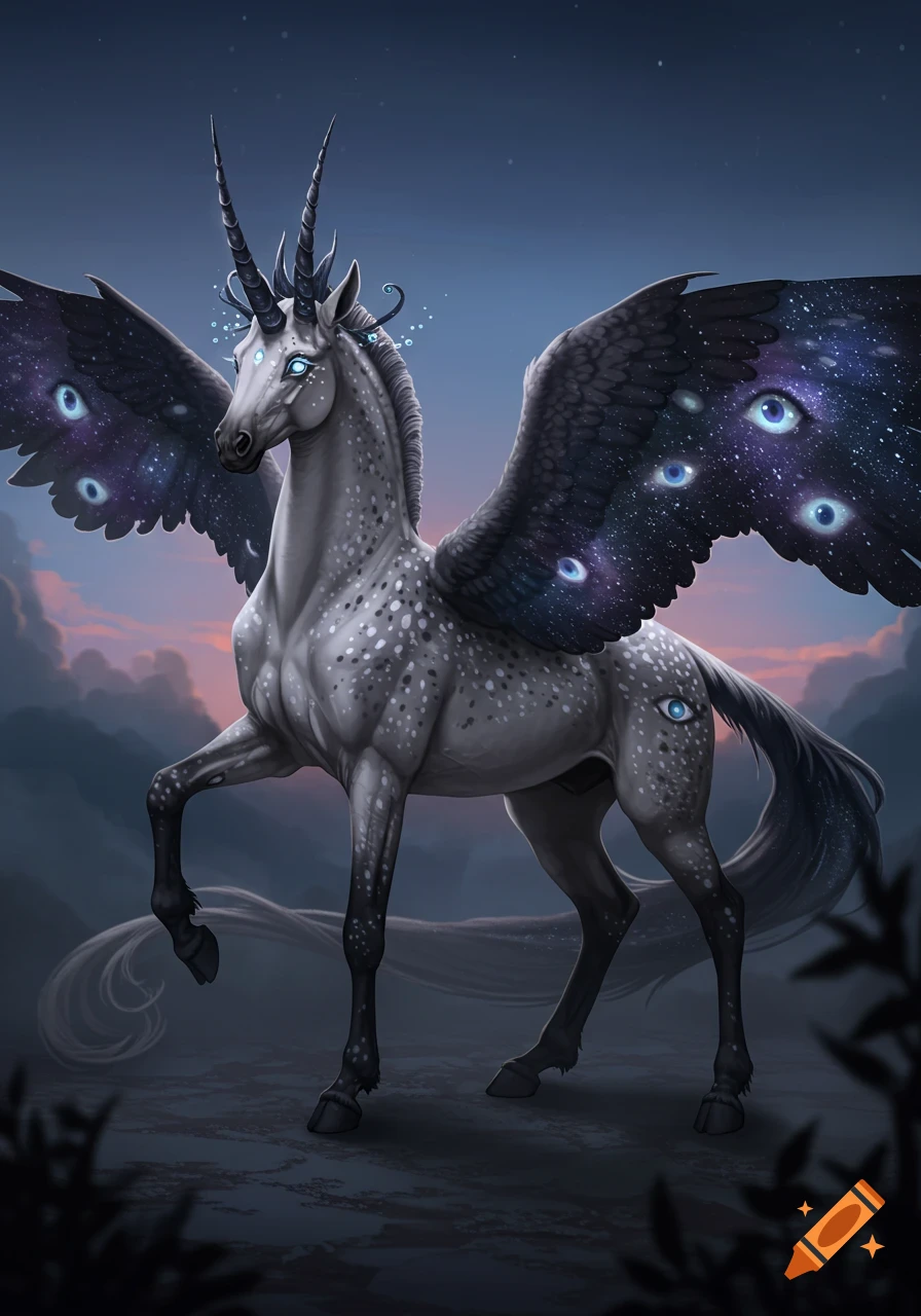 A majestic dappled grey Alicorn with two horns, starry wings covered in blue eyes, and dark hooves, standing in a shadowy vale.
