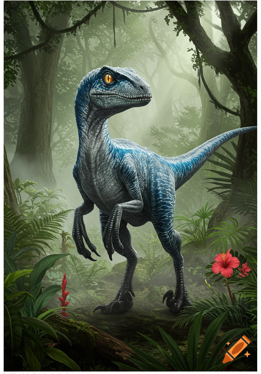 A blue Velociraptor with yellow eyes stands in a lush, misty jungle with ferns and red flowers.