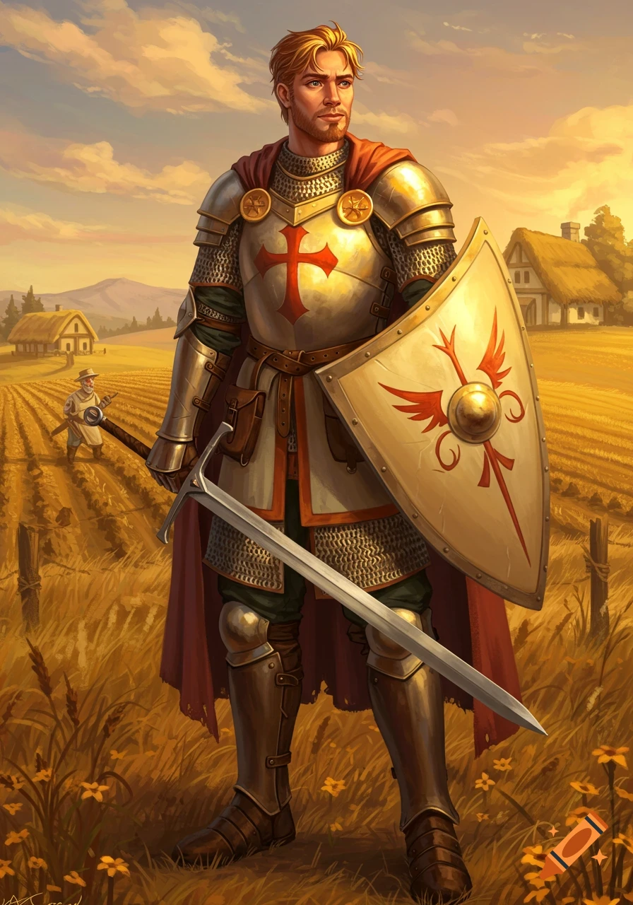 Blond paladin in shining armor with a red cross, holding a sword and shield in a golden field with houses at sunset, digital painting.