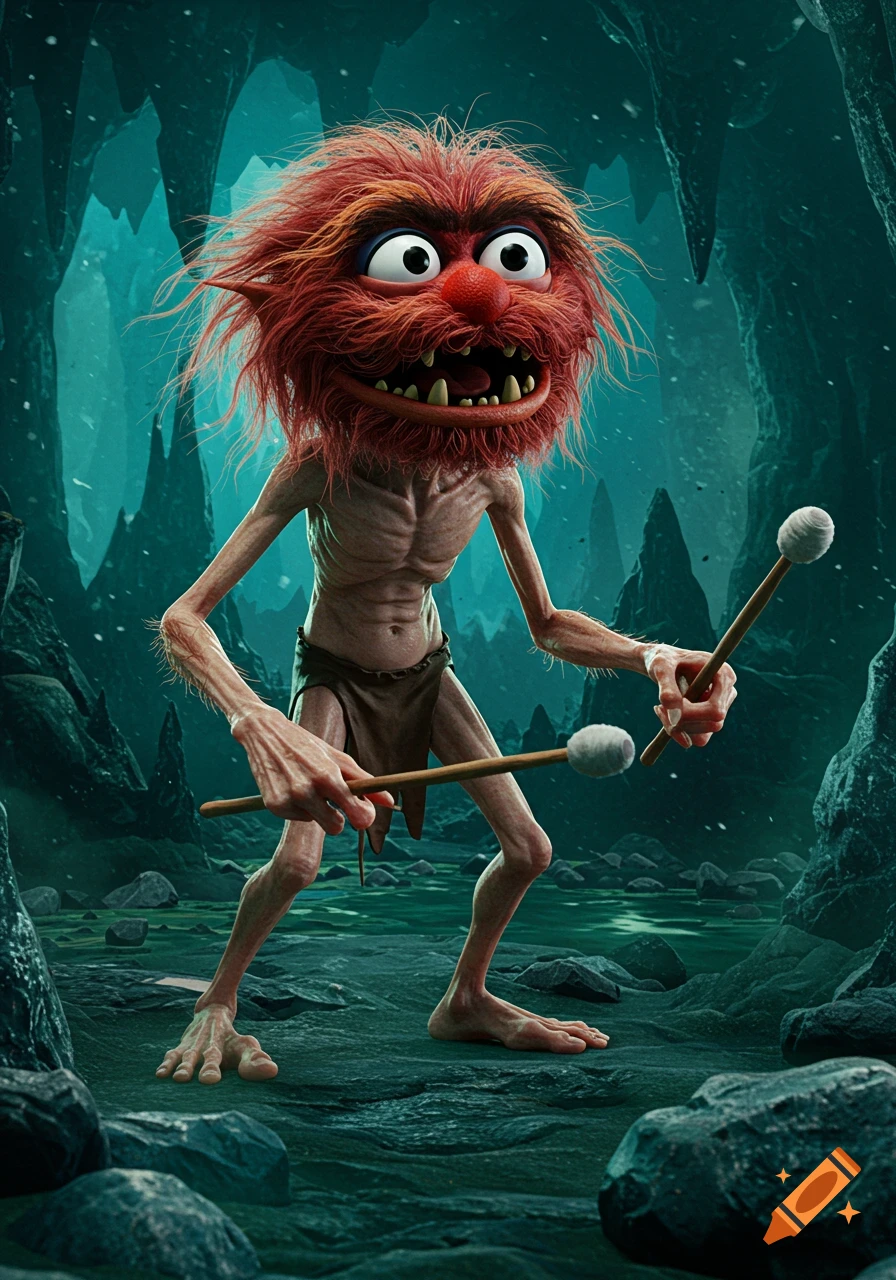 An emaciated, red-furred creature resembling Animal from Muppets and Gollum, holding drumsticks in a dark cave with green water.