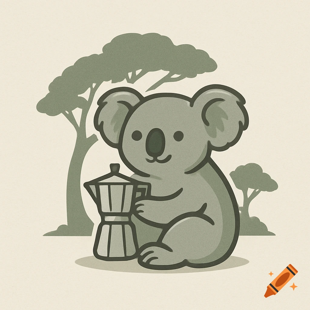 A cute cartoon koala sits next to a coffee percolator with stylized trees in the background, in a logo illustration.