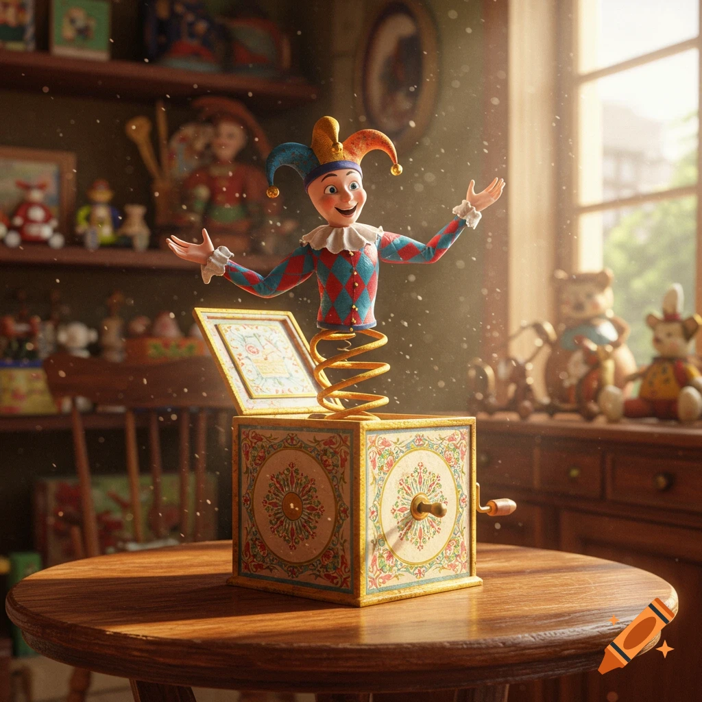 A cheerful jester-like jack-in-the-box springs from an ornate box on a wooden table in a sunlit, toy-filled room.