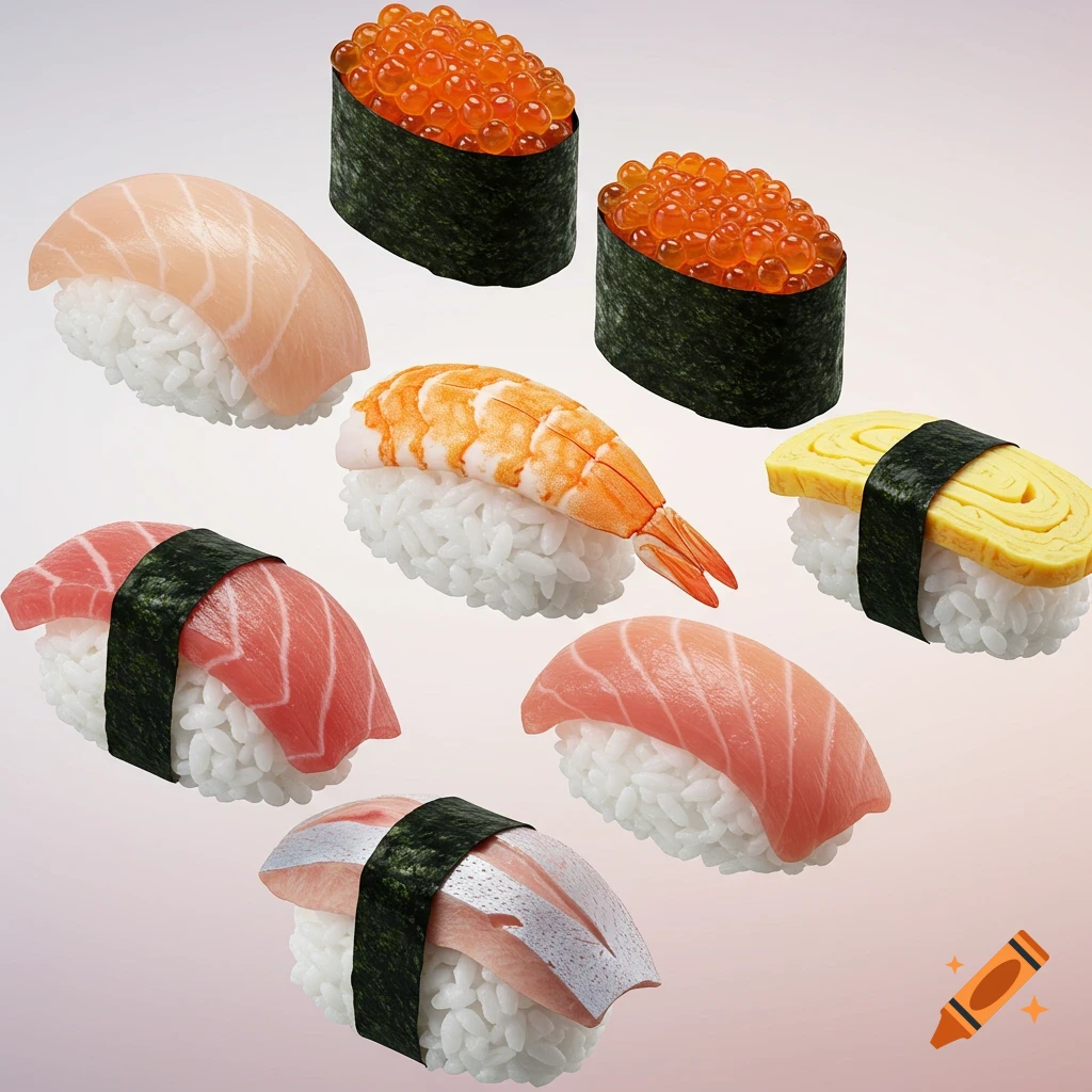 Multiple pieces of fresh sushi, including salmon, tuna, shrimp, and roe, floating against a gradient background.