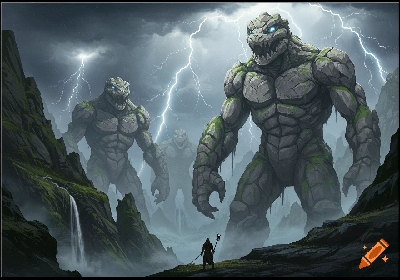 A small human figure stands before three colossal, moss-covered rock monsters with glowing eyes in a stormy, misty mountain landscape with waterfalls and lightning.