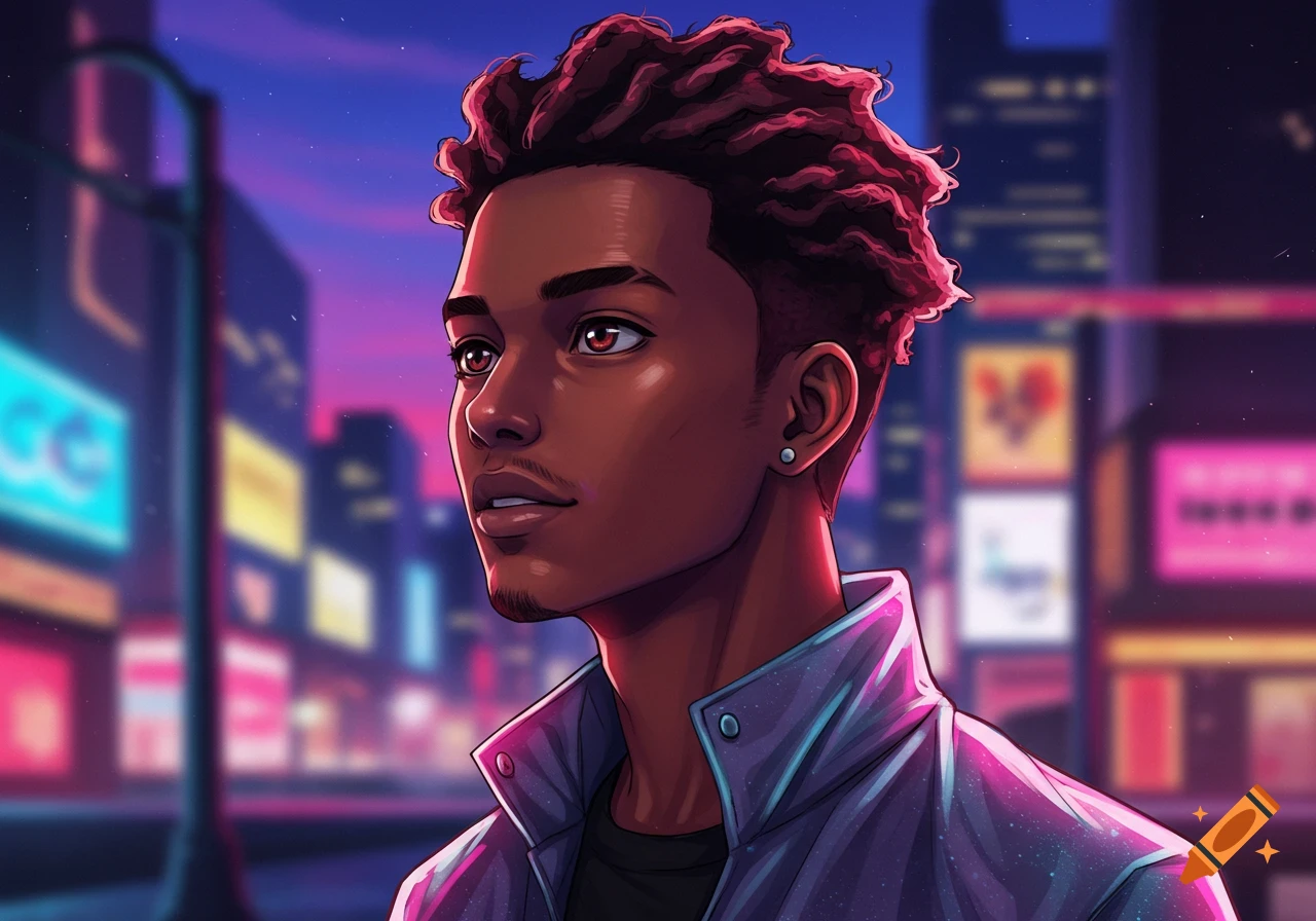 Anime portrait of a young Black man with curly hair, looking left in a neon city at night.