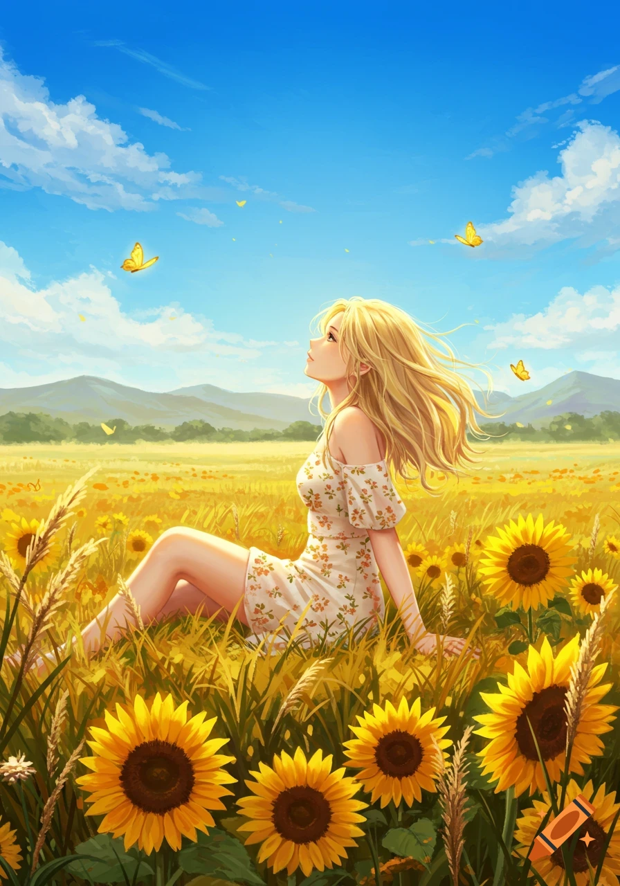 An anime-style blonde woman in a white floral dress sits in a vibrant sunflower field under a clear blue sky, looking up.