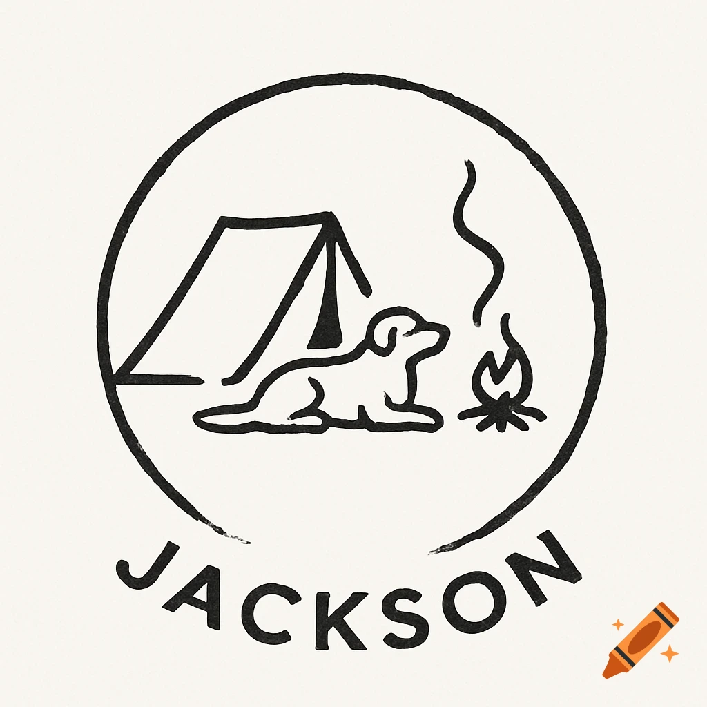 A black and white line art logo showing a tent, dog, campfire, and the name JACKSON within a circular outline.