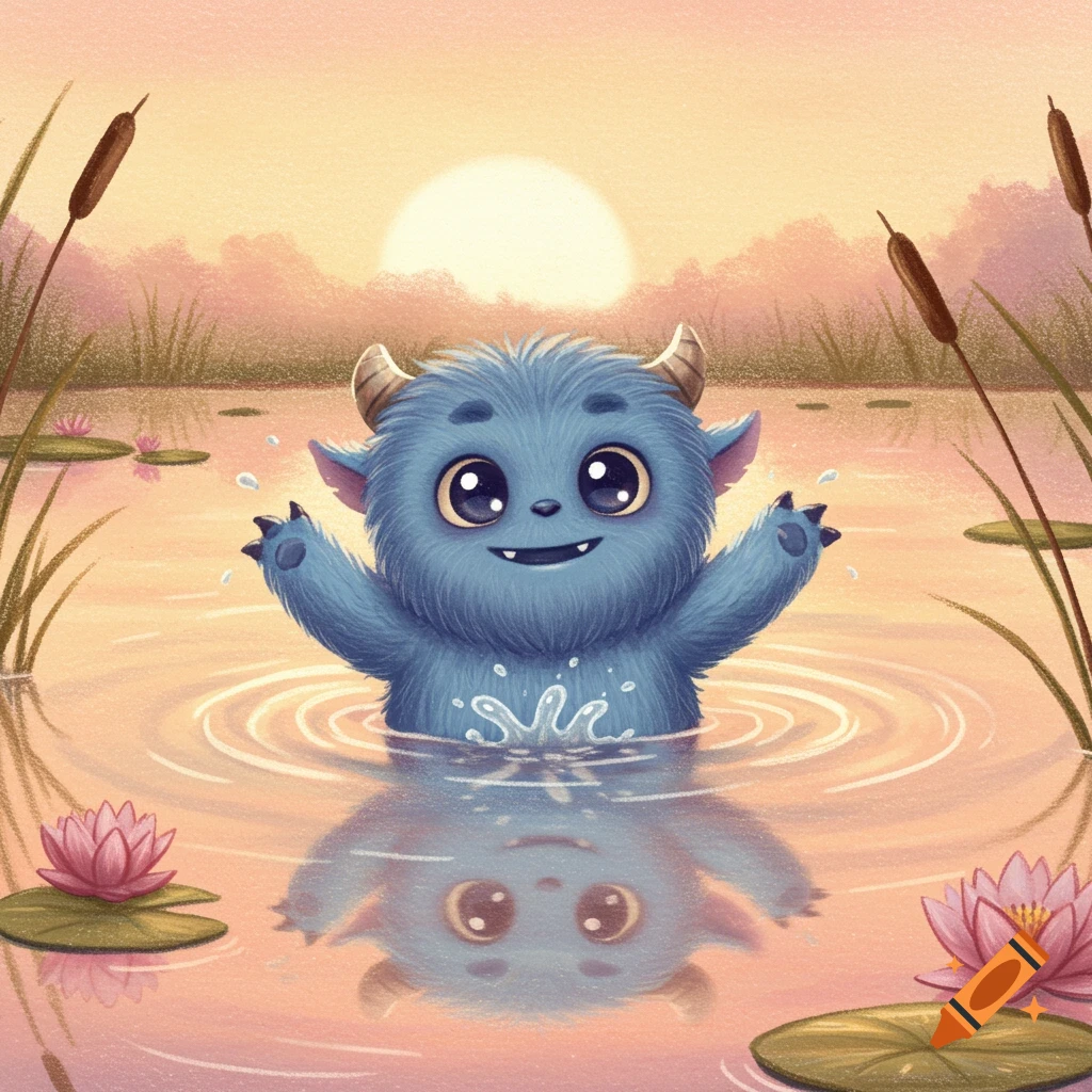 Cute blue furry horned monster splashing in a pond with water lilies and cattails at sunset, cartoon illustration.