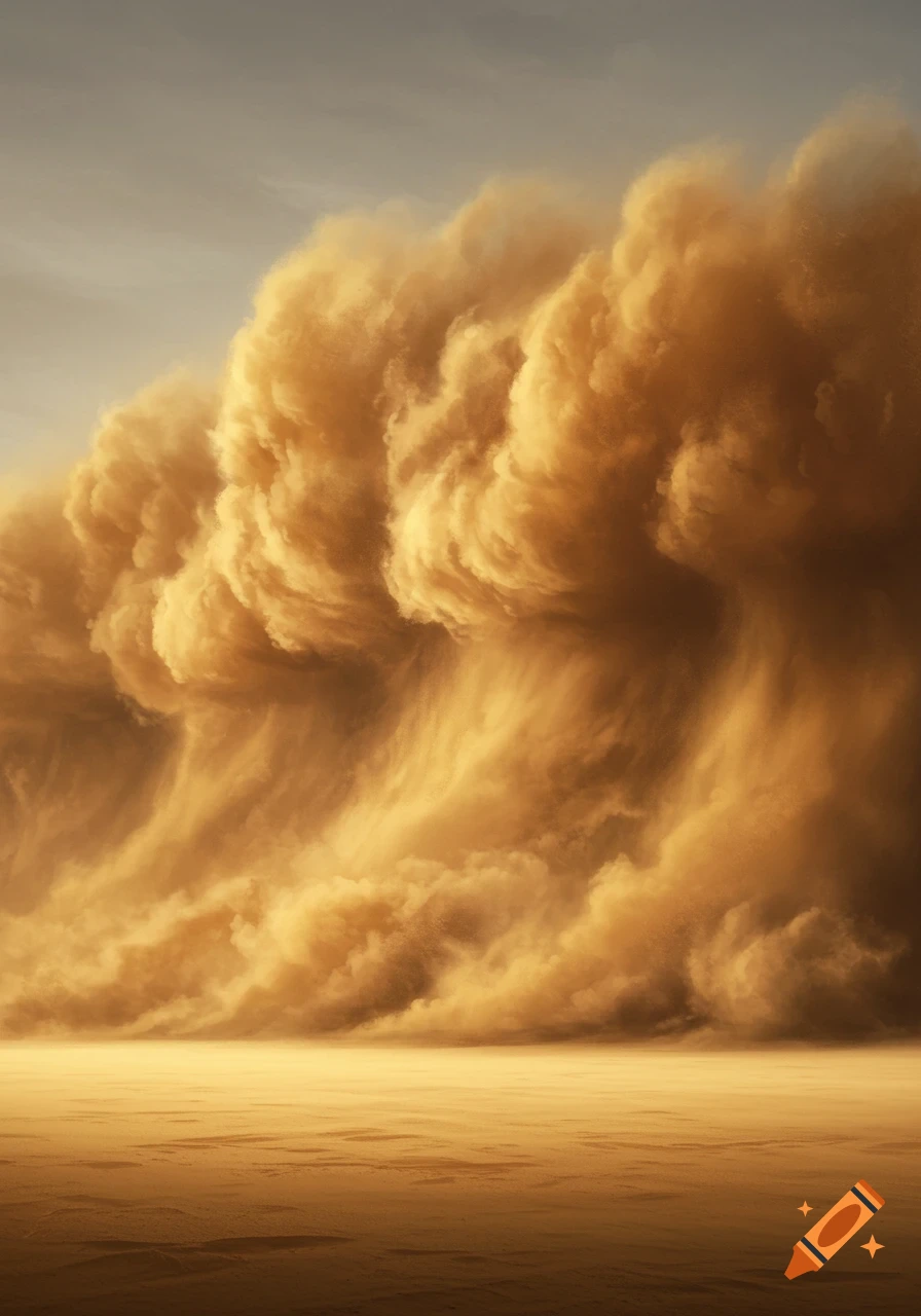 A vast, towering golden-brown sandstorm engulfs a flat desert landscape under a pale sky.