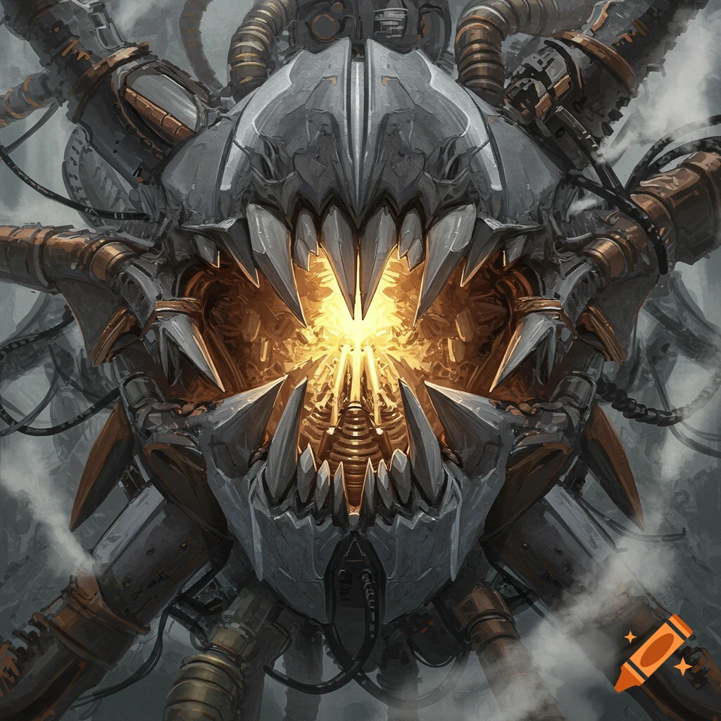 A close-up of a menacing, metallic creature head with sharp teeth and a glowing orange core, intricate wires and tubes.