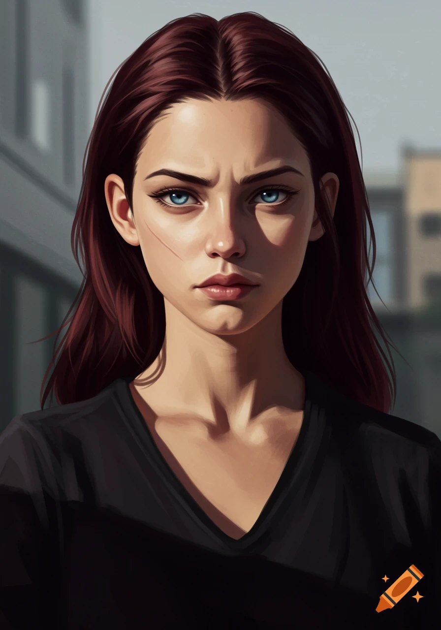 Close-up digital portrait of a teenage girl with dark auburn hair, blue eyes, a faint scar on her cheek, and a serious expression.