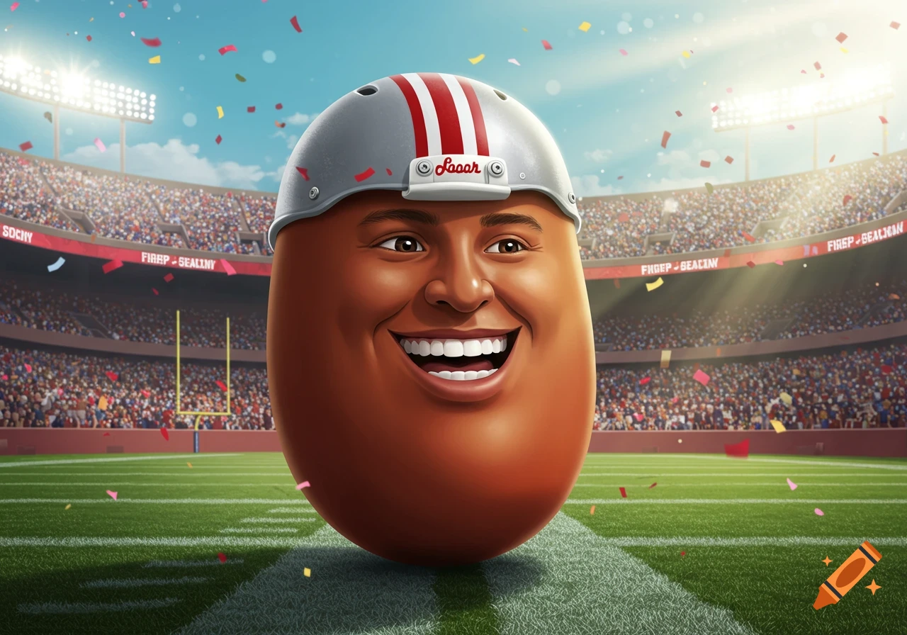 A smiling, brown, bean-shaped character wearing a football helmet on a stadium field with confetti falling.