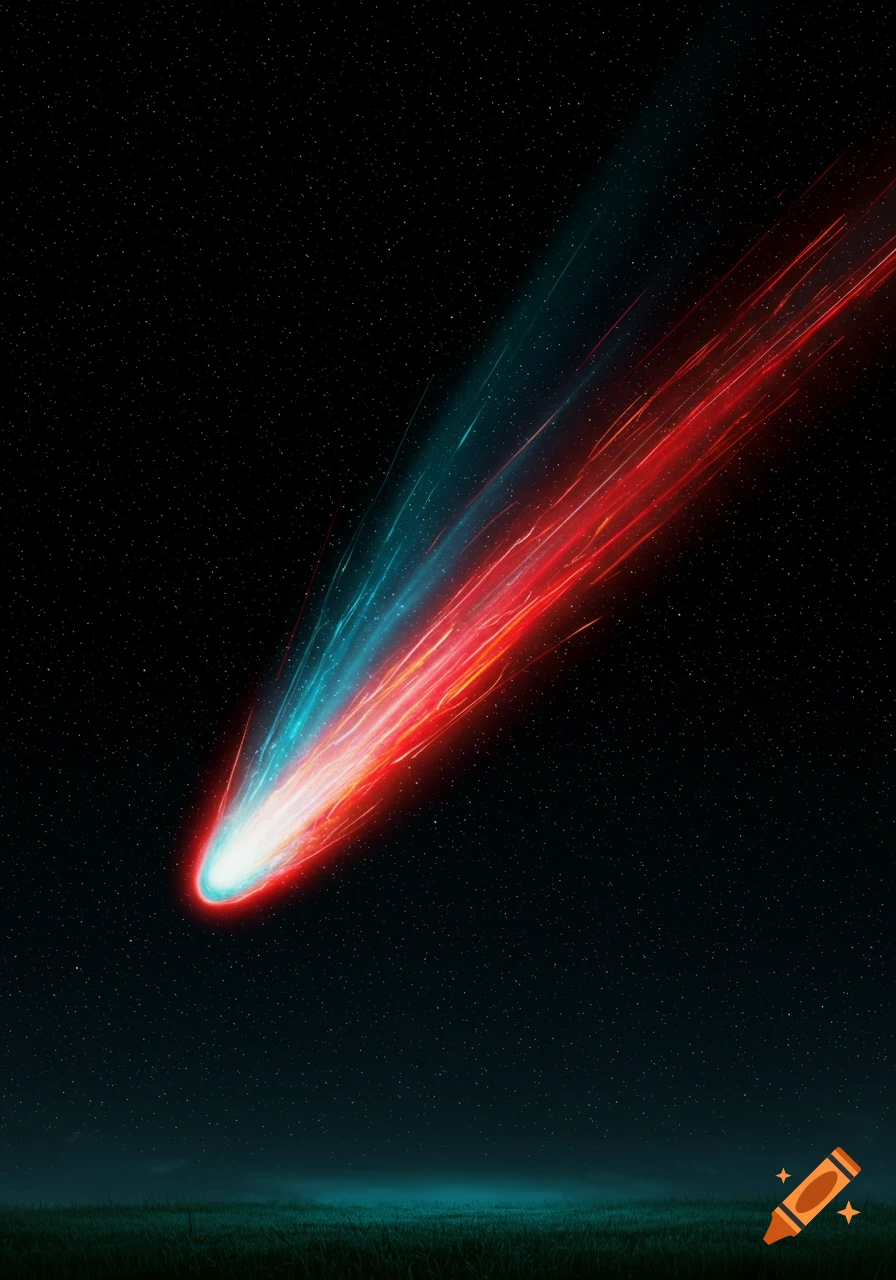 A vibrant comet with a glowing white head and a long tail of red and blue light streaks across a dark, star-filled sky above a dimly lit landscape.
