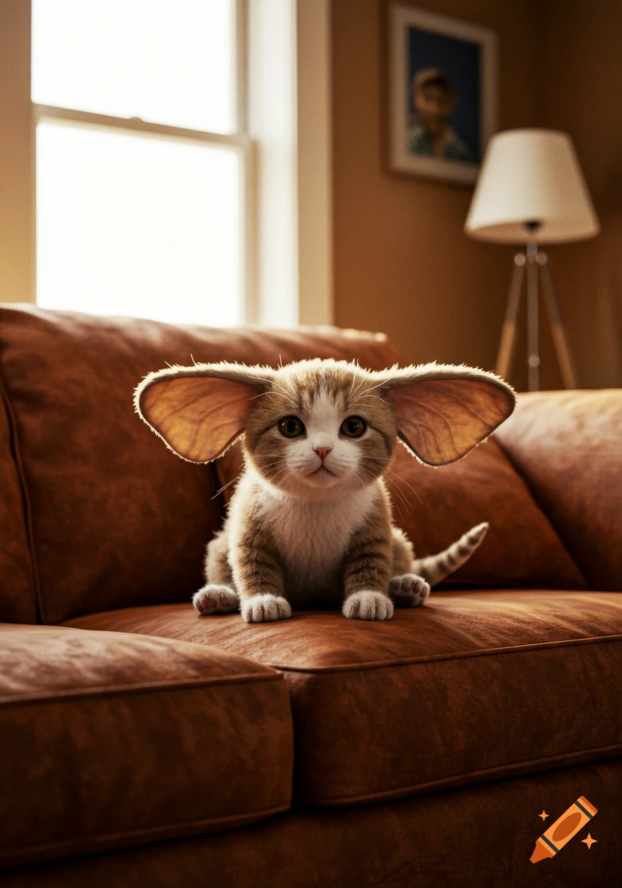 A cute cat-like creature with large, round elephant ears sits on a brown leather couch near a window, in a warm, photorealistic style.