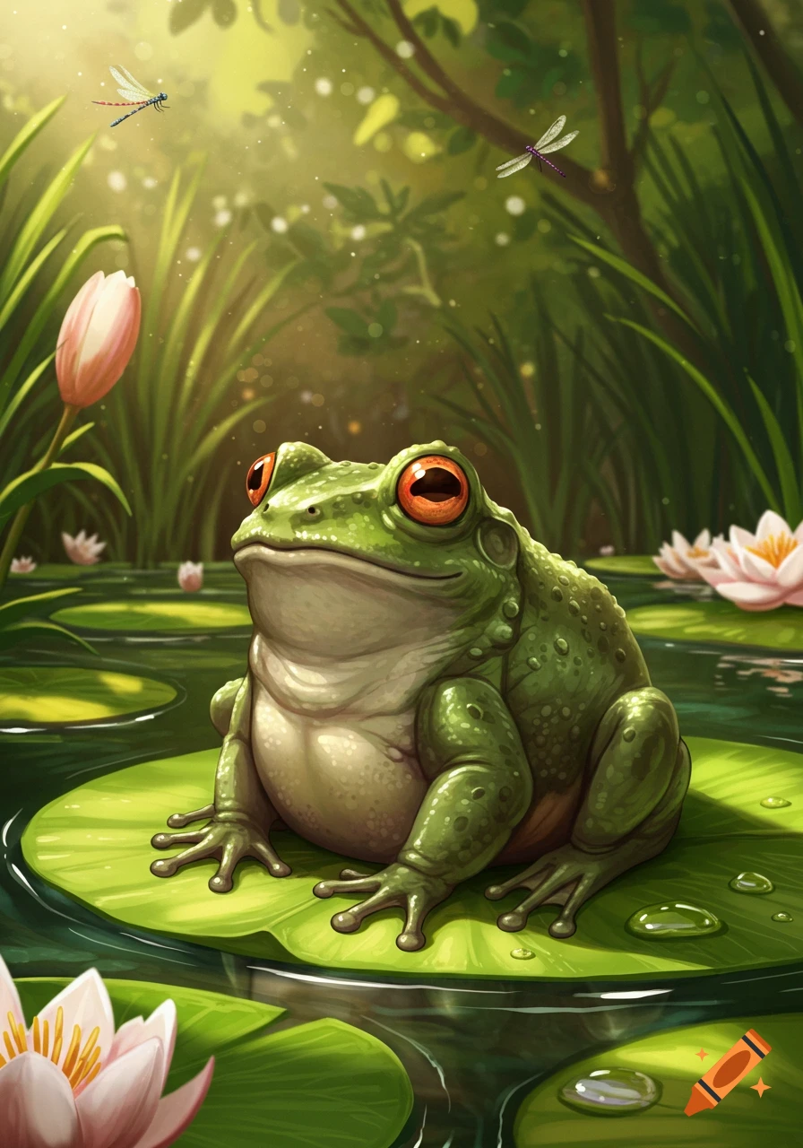 A plump green frog with orange eyes sits on a lily pad in a sunlit pond with water lilies and dragonflies, in a vibrant illustration.