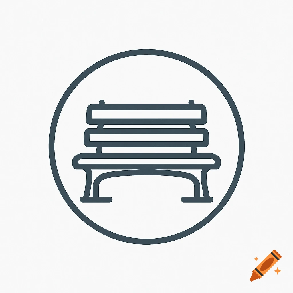A minimalist line art icon of a park bench inside a dark circle on a white background.