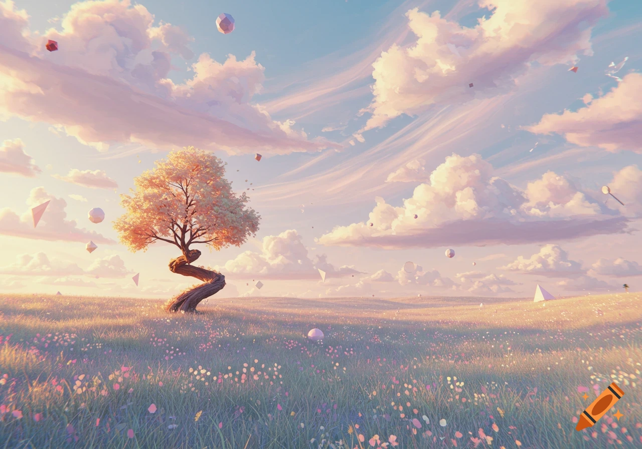Dreamy surreal digital painting of a gnarled tree in a wildflower field under a pastel sky with floating geometric shapes.