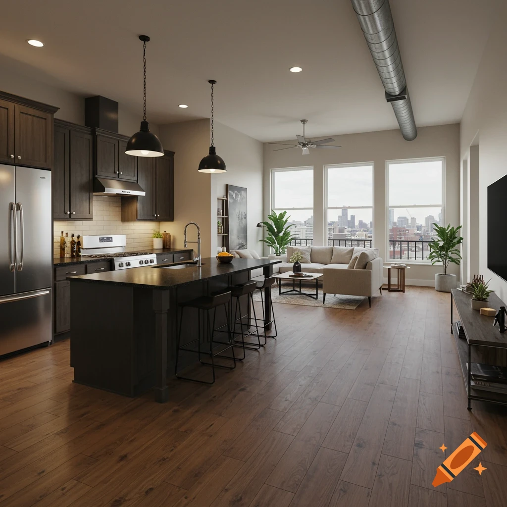 Photorealistic image of an open-plan industrial-style apartment with a dark kitchen, stainless steel appliances, and a beige living room overlooking a city.