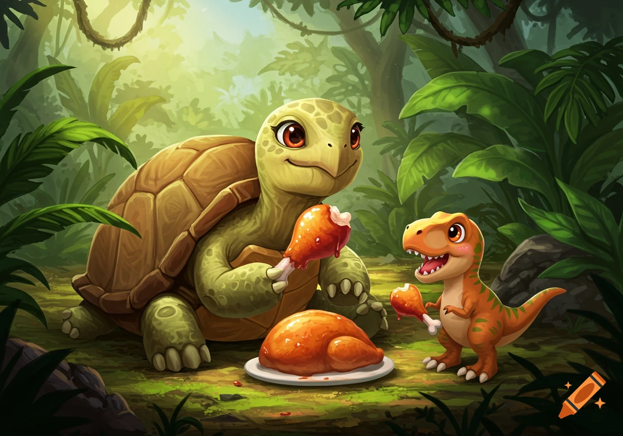 A cute cartoon turtle and a baby T-rex happily eating chicken drumsticks in a vibrant jungle setting.