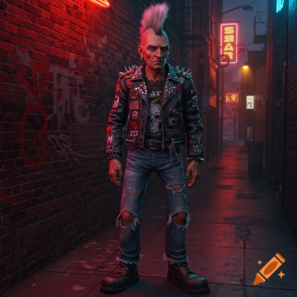 An old man with a spiky white mohawk, wearing a studded leather jacket and ripped jeans, stands in a dark, neon-lit urban alley.