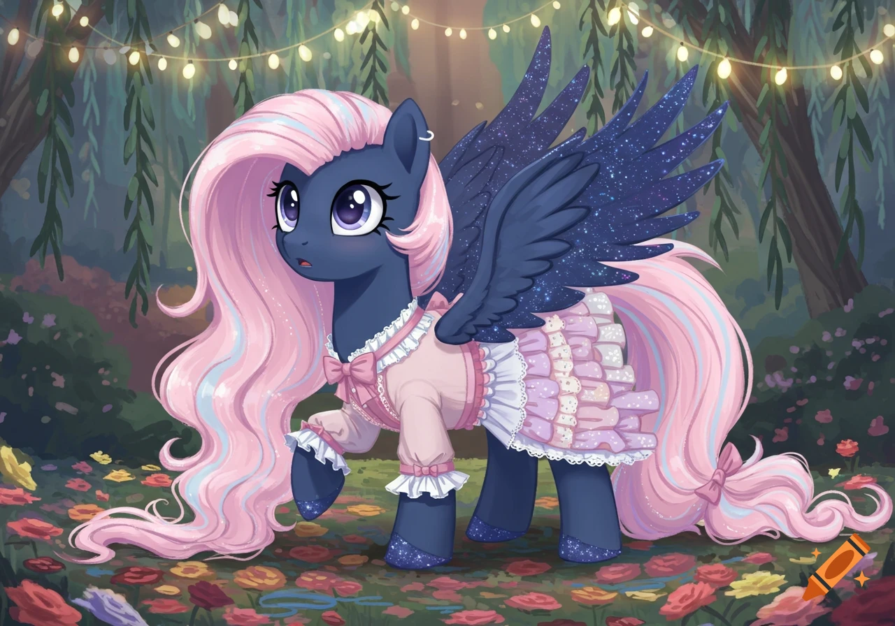A dark blue cartoon pony with a long pink mane and sparkly wings, wearing a pink ruffled lolita dress, stands in a magical forest with lights.