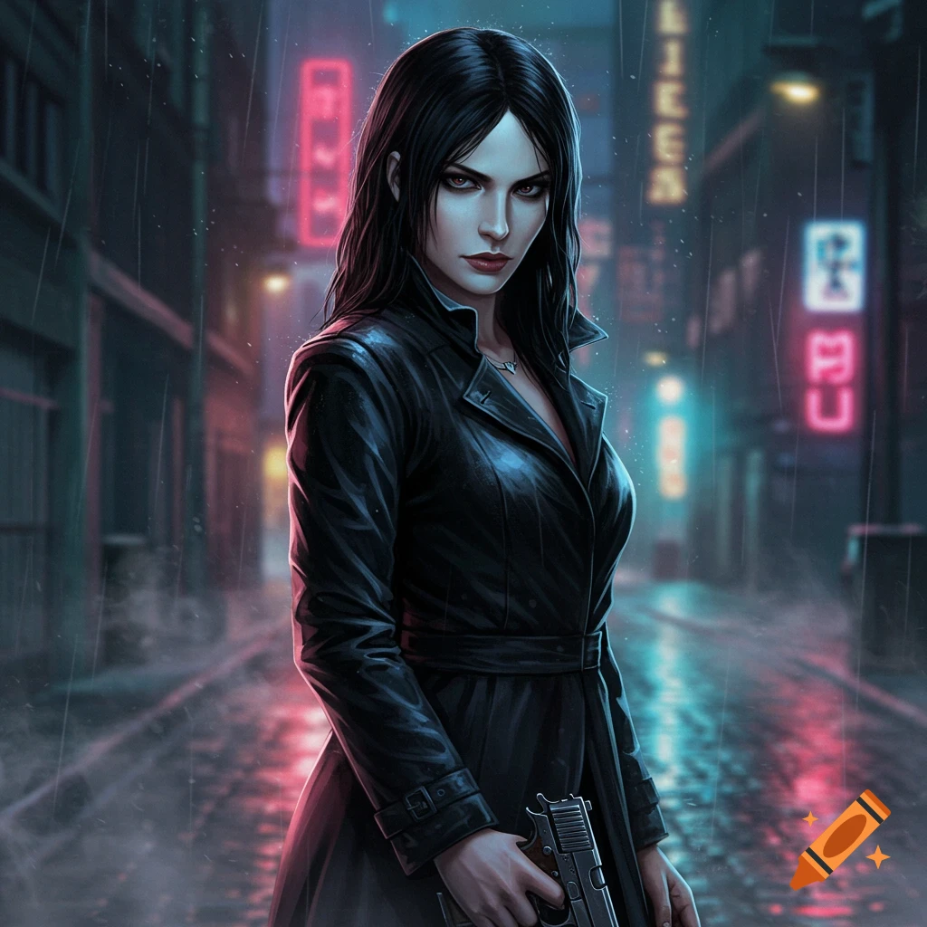 A dark-haired woman in a leather trench coat holds a pistol on a rainy, neon-lit city street at night in a noir art style.