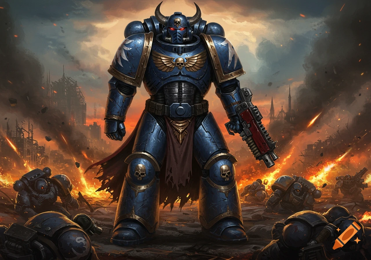 A blue and gold armored Space Marine with a horned helmet stands on a fiery battlefield with fallen warriors in a war-torn city.