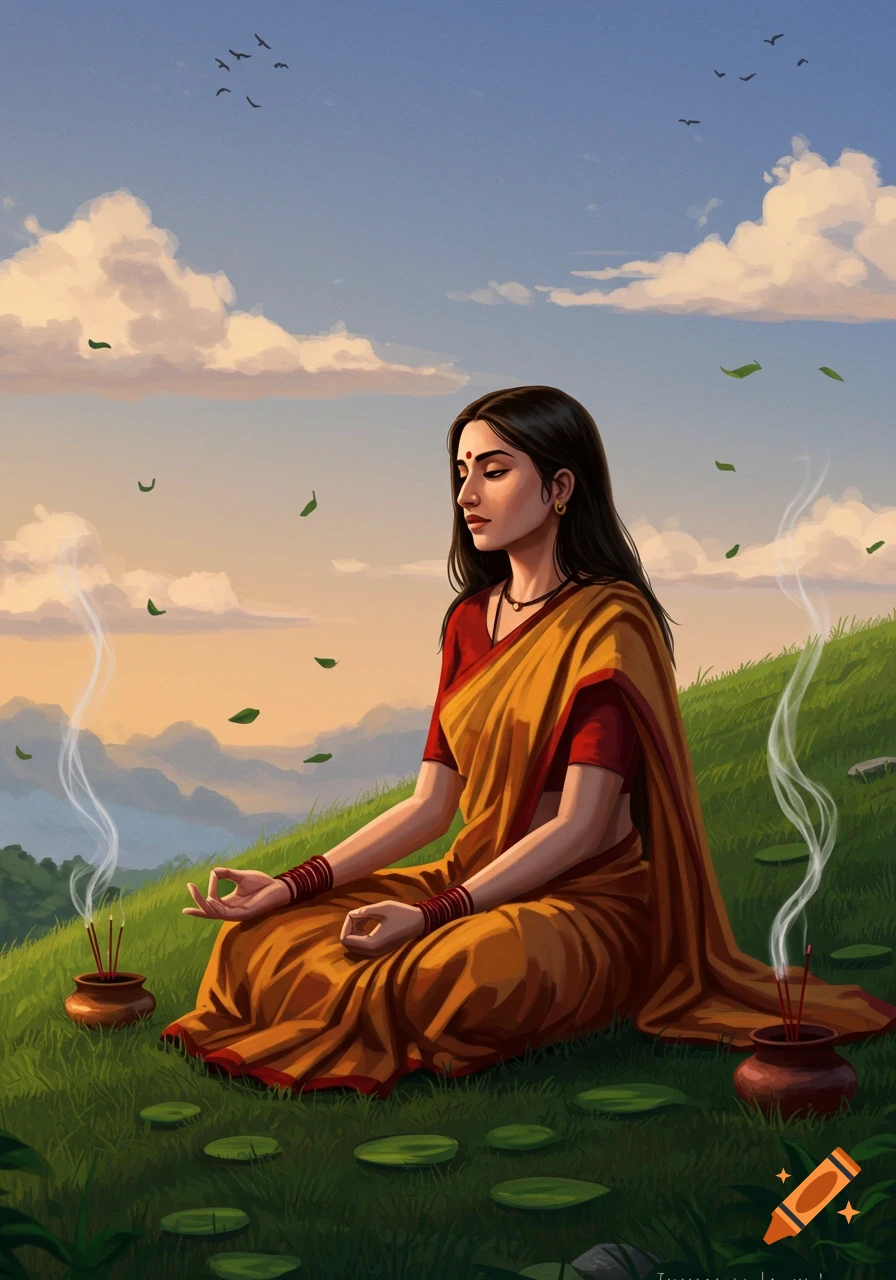 A South Asian woman in a saffron saree meditates on a grassy hill with incense and floating leaves at sunset, digital painting.